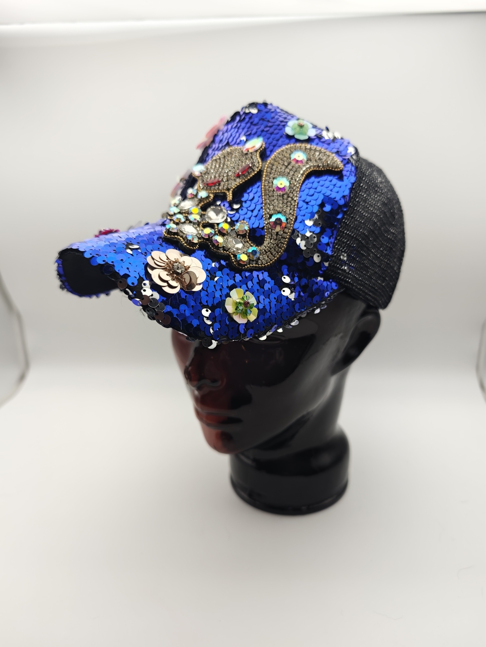 Royal Blue Sequin Fox Rhinestone Floral Baseball Cap Women Mesh Snapback Hat